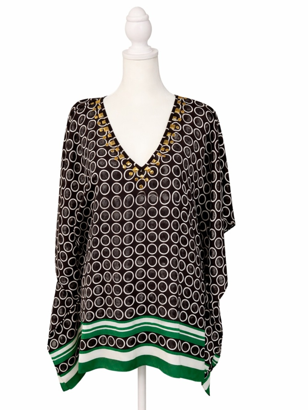 Michael Kors Chic Black White Circle Print Tunic Blouse Green Hem Gold Accent